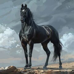 A Black Horse Standing on a Hilltop Under Cloudy Skies