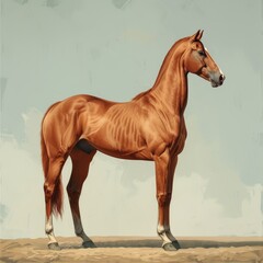 Obraz premium A Single Chestnut Thoroughbred Horse Stands on Sandy Ground
