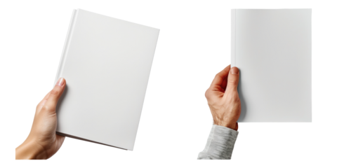 Set of hand holding blank magazine mockup isolated on transparent background