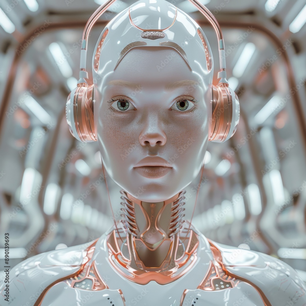 Aufkleber isolated background with white futuristic robot in helmet. stocked.