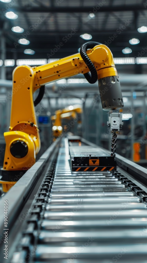 Poster an automated robot arm on an assembly line in a production factory