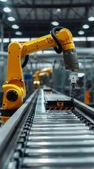 Fototapeta premium An automated robot arm on an assembly line in a production factory