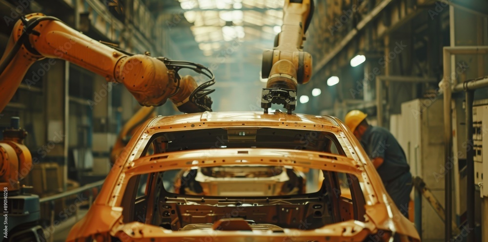 Poster an assembly line is run by humans. robots improve factory efficiency and productivity. human supervi