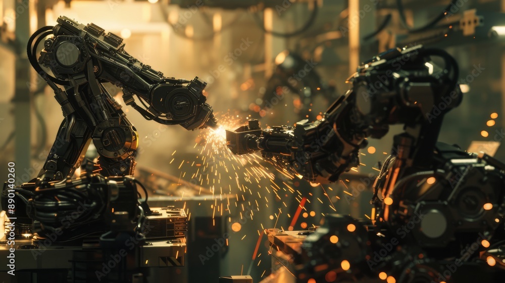 Poster manager engineer checking and controlling robot arms in intelligent factory