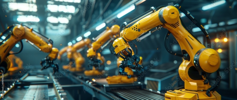 Poster engineer supervising automated production process industry robot arm in a factory