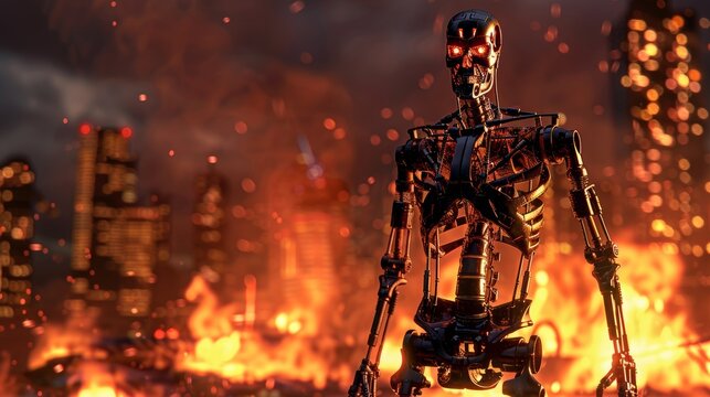 An Stock concept of world war destruction. A robot in a destroyed city. Devastation and fire.