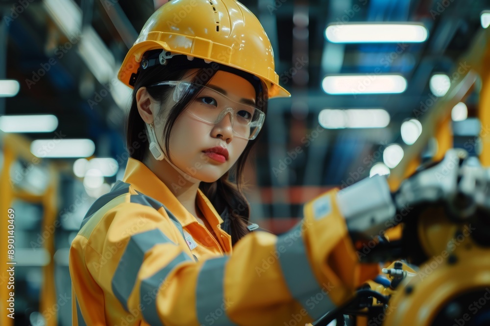 Poster working machine assembly in the advanced technology robotic factory industry, maintenance robot arm 