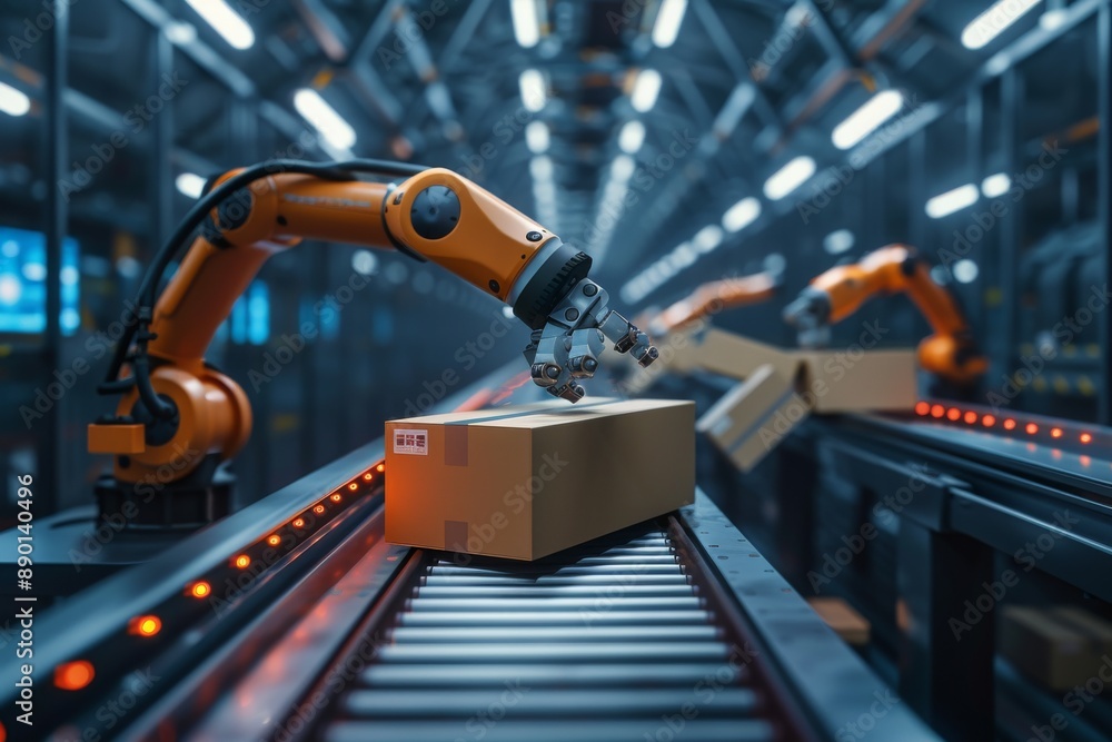 Poster an automated industrial robot in action on the manufacturing floor - precision packaging and logisti