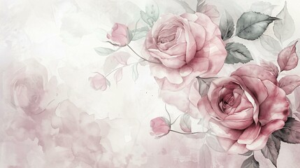 Floral wallpaper with watercolor roses and leaves in soft pastel tones background wallpaper