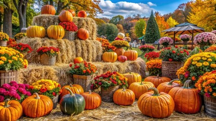 closeup Colorful autumn festival scene with pumpkins, hay bales, and festive decorations, capturing the essence of fall celebrations.