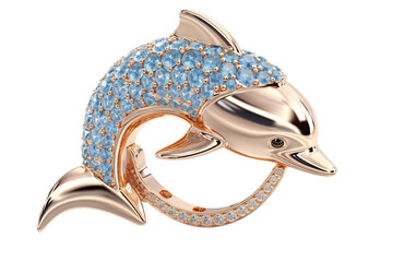 Fototapeta premium Luxury dolphin jewelry icon, rose gold and blue crystal pendant design, sparkling marine animal charm for branding isolated on Transparent Background