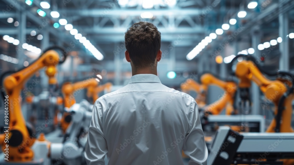 Poster engineer oversees and controls automation robot arms in a factory with a real-time monitoring system