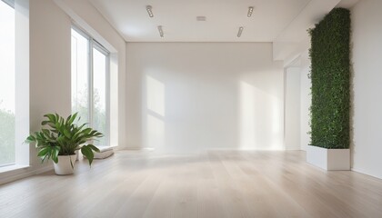 White wall empty room with plants on a floor