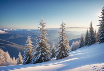 Obraz premium Beautiful winter landscape with fir trees in a snowy forest
