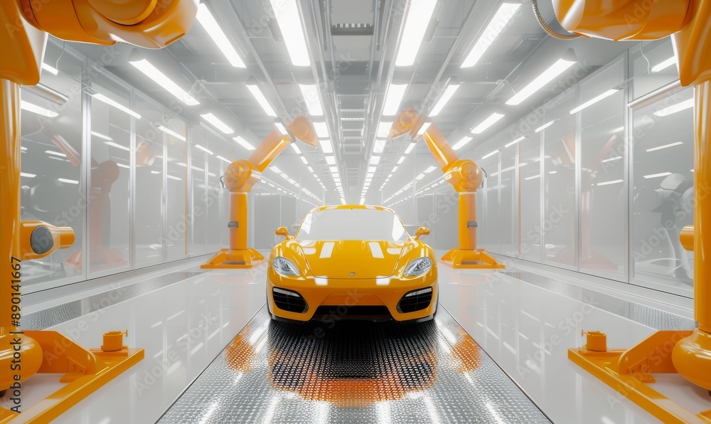 Aufkleber the assembly of auto parts with automated robot arms in an automotive factory. production line of ve