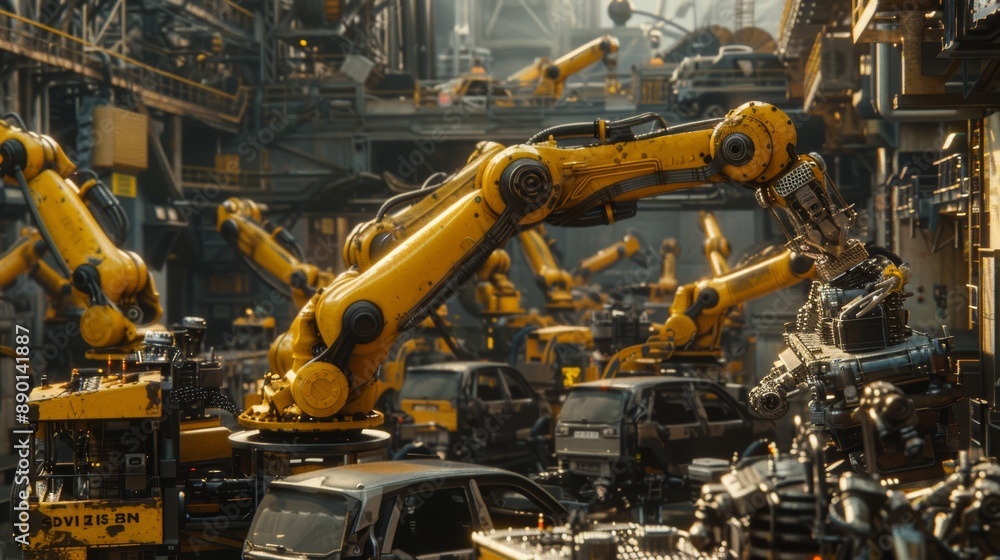 Poster assembling a wood house on a robotic assembly line with two lines of large yellow metal robot arms.
