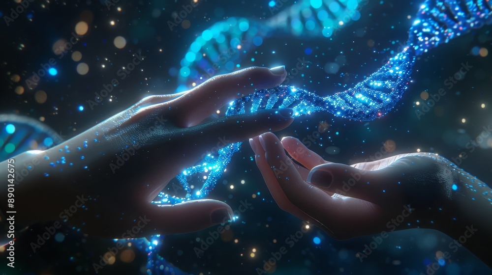 Poster robotic and human hands touching dna in a virtual interface on the future. concept of science and in