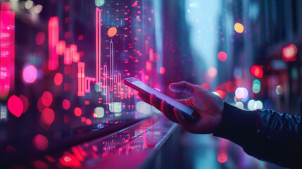 A person holding a smartphone in a city at night, surrounded by futuristic glowing financial data charts and digital indicators.