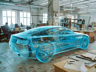 Virtual car in the office. Artificial intelligence. 