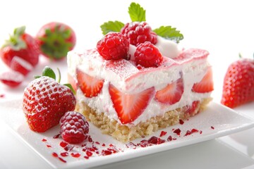 Strawberry Dessert. Delicious Berry Cake with Cream Isolated on White Background