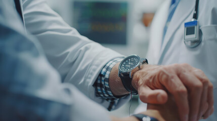 Obraz premium A doctor checks the wristwatch of a patient during a medical consultation, with health monitoring equipment visible in the background.