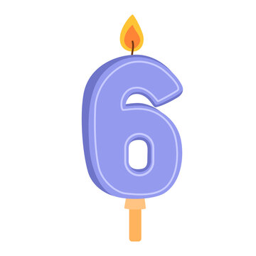 recommend clip art: 6 number candle for birthday cake. Wax decor for 6th year anniversary. Sixth age figure-shaped decoration with glowing flame. Flat vector illustration isolated on white background