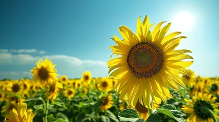 Sunflower field with bright yellow blooms under a clear sky background wallpaper