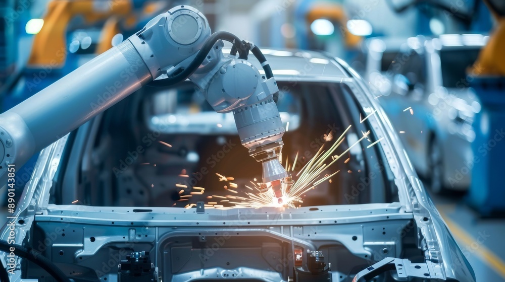 Poster engineer managing automation robot arms in intelligent factories, robotics systems for welding and m