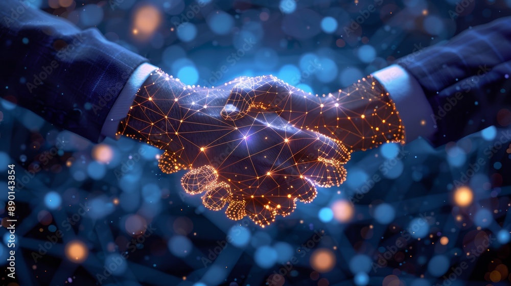 Poster a concept of robots shaking hands on a digital background with glowing dots and lines, emphasizing t