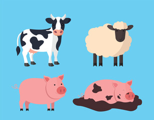 Cute set of farm animals on blue background. Cow, pigs, sheep. Vector illustration.