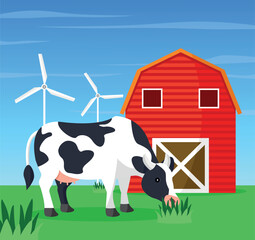 Cartoon cow grazing in a meadow with a red barn and wind turbines in the background. Vector.