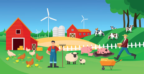Farm flat design concept with farmers, sheep, windmill and other animals vector illustration.