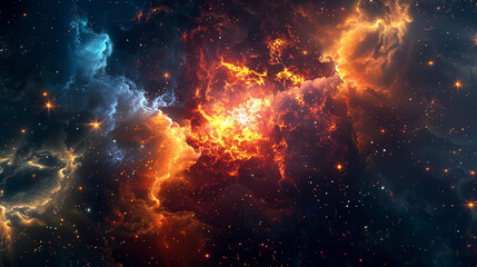 Fototapeta premium Vibrant nebula space background, fiery orange and blue cosmic cloudscape, deep galaxy starfield wallpaper for sci fi design