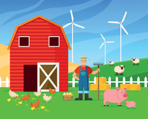 Farm with animals vector illustration. Cartoon farmer with pig, chickens, sheep and windmill.