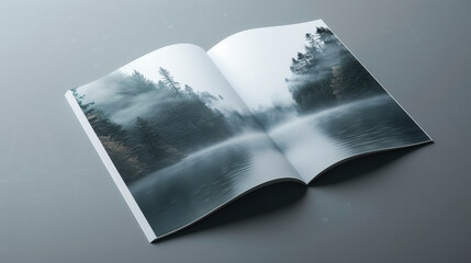 An open book on a table displays a serene, misty forest and lake scene, creating a calming and peaceful atmosphere.