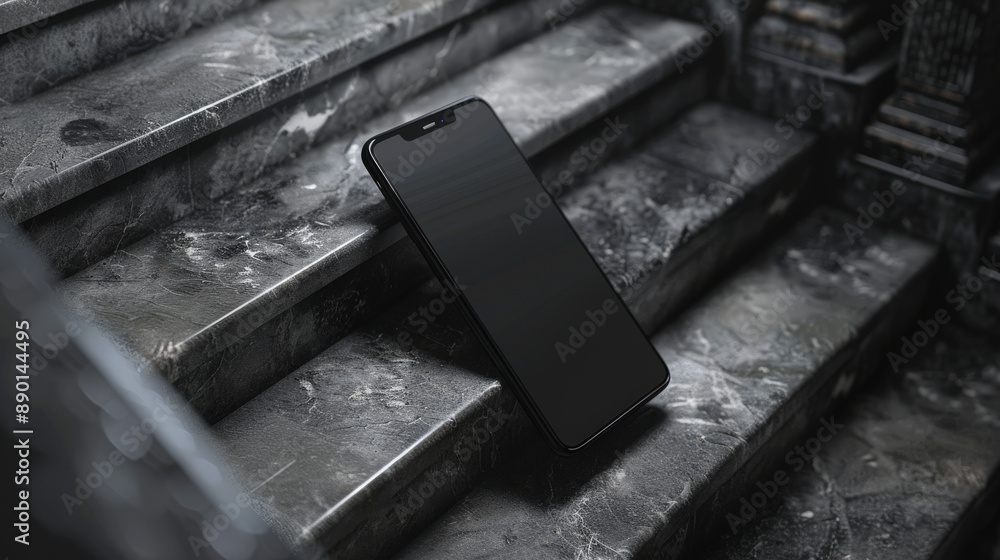 Poster a smartphone with a large screen and slim profile rests against the steps of a dark, marble staircas