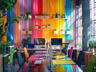 Creative solutions for charity, startup team effort, colorful office
