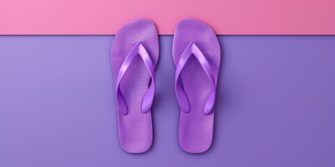 A pair of vibrant purple flip-flops is placed on a pink and purple background, creating a contrasting and colorful visual display.