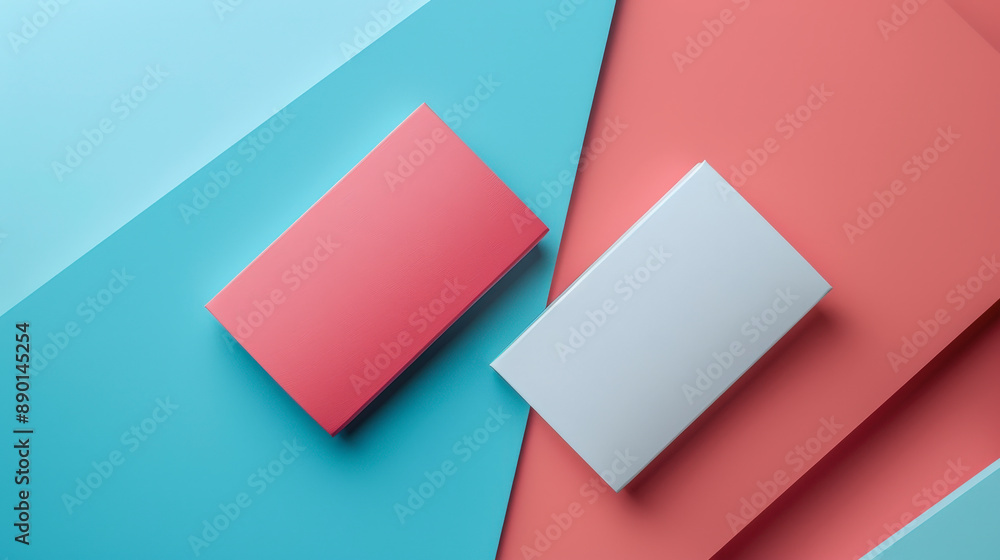 Poster two rectangular boxes placed on a modern, geometric background featuring pastel shades of blue and p