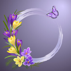 Vector illustration with frame and flowers.Round frame with flowers and a butterfly in a color illustration.