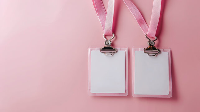 Two name tag badges with pink lanyards lie side by side on a soft pink background. - Powered by Adobe