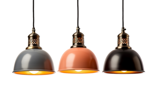 Three Vintage Pendant Lights Against a White Background:Three Pendant Lights Hang From the Ceiling, Each With a Different Colored Shade on a Clear PNG or White Background.