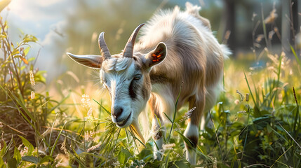 Obraz premium Adult goat eating grass in lush field