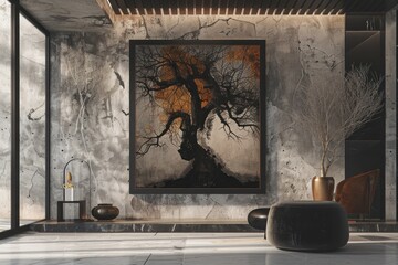 A luxurious depiction of a haunted tree with abstract branches, framed in a modern setting,