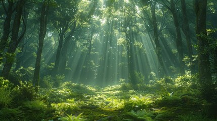 A lush green forest with towering trees and sunlight filtering through the leaves, capturing the essence of nature's beauty