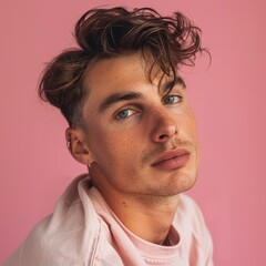 Fototapeta premium Young Man With Wavy Hair and Pink Shirt Posing Against a Pink Background