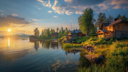 Fototapeta premium A beautiful Swedish village by a lake is captured in this image. The village is surrounded by wooden log cabin houses and the setting sun casts a warm glow over the scene.
