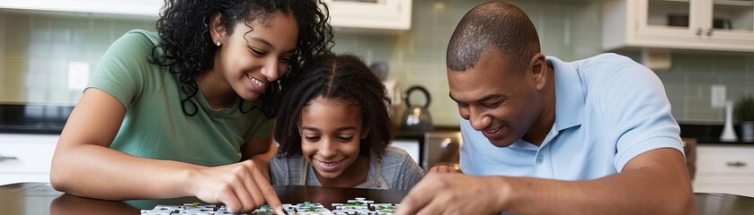 Obraz premium Parents and teenagers doing a puzzle together, Family with Teenagers, Puzzle time