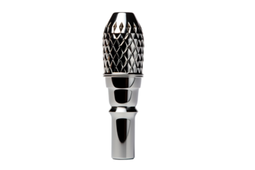 A Gleaming Silver Razor Head With a Geometric Design on a Clear PNG or White Background.