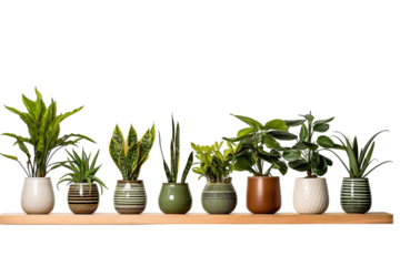 A Row of Vibrant Green Houseplants in Decorative Pots on a Wooden Shelf on a Clear PNG or White Background.